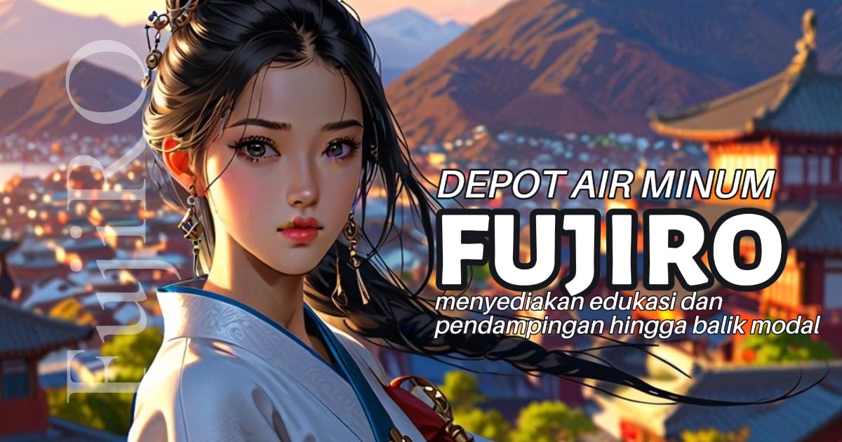 Ilustrasi modern depot air minum FujiRO dengan mesin RO higienis untuk usaha isi ulang.