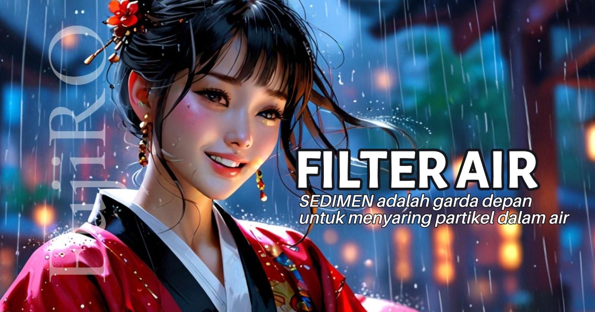 Ilustrasi modern tentang filter air sedimen, mekanisme penyaringan air kotor menjadi jernih sebelum masuk mesin RO.