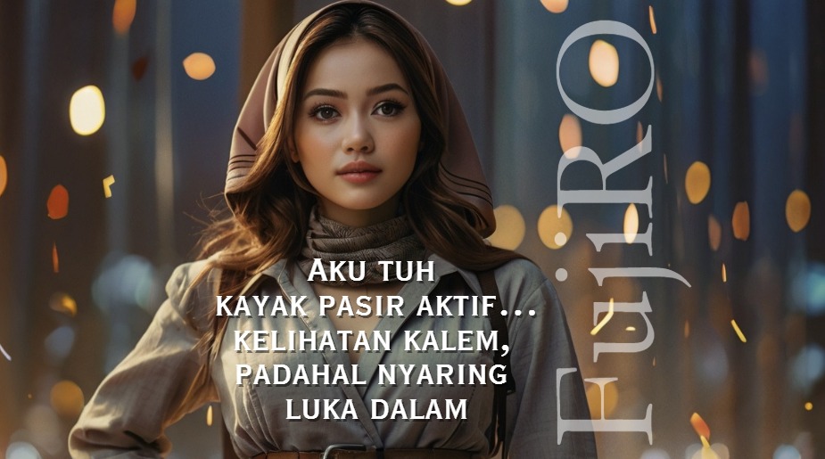 Wanita muda berhijab berdiri di depan latar malam dengan teks promosi pasir aktif untuk filter air sumur