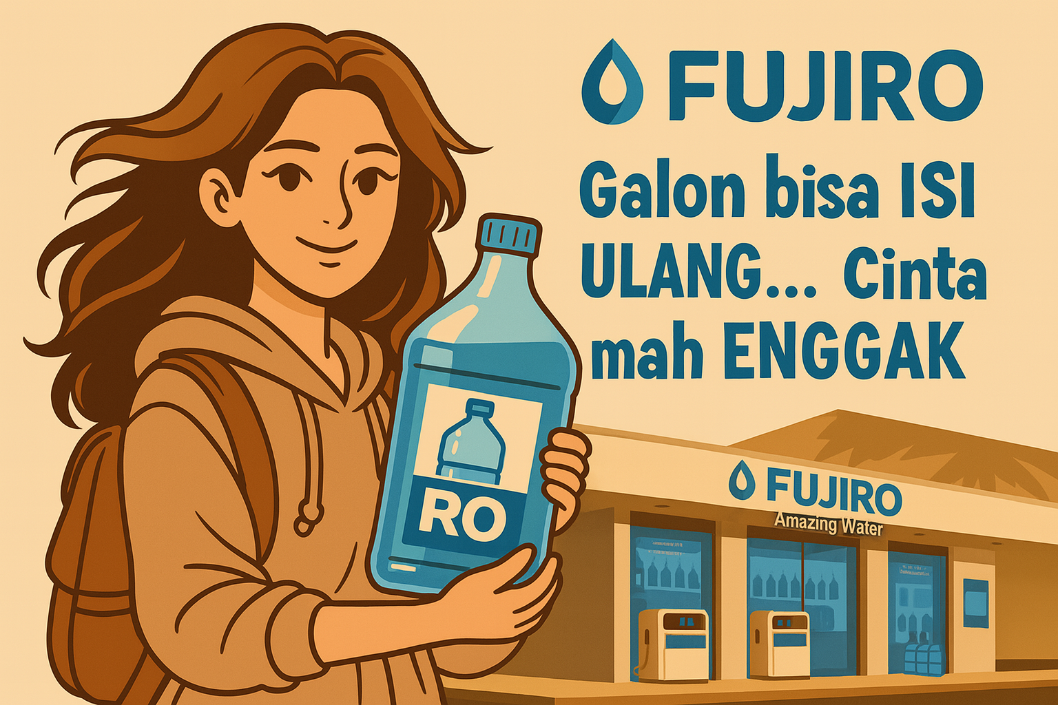 Ilustrasi depot air minum FujiRO dengan tulisan galon bisa isi ulang cinta mah enggak, desain lucu dan menarik