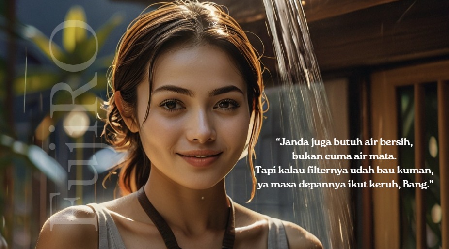 "Seorang wanita tersenyum di bawah pancuran air, menggambarkan pentingnya kebersihan air dan peran filter yang sehat untuk kehidupan sehari-hari."