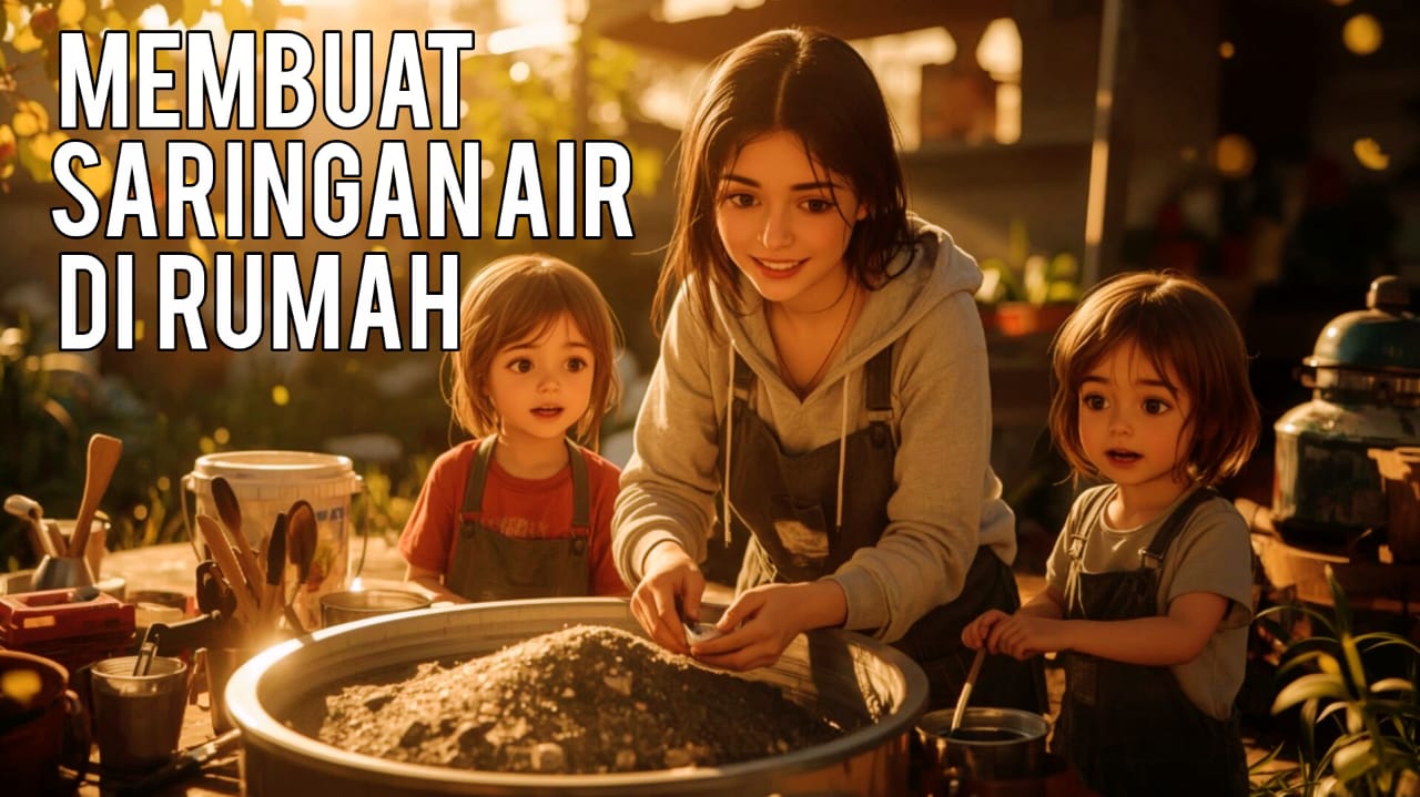 "Seorang wanita muda membuat saringan air bersama anak-anak di rumah dengan suasana hangat dan menyenangkan."