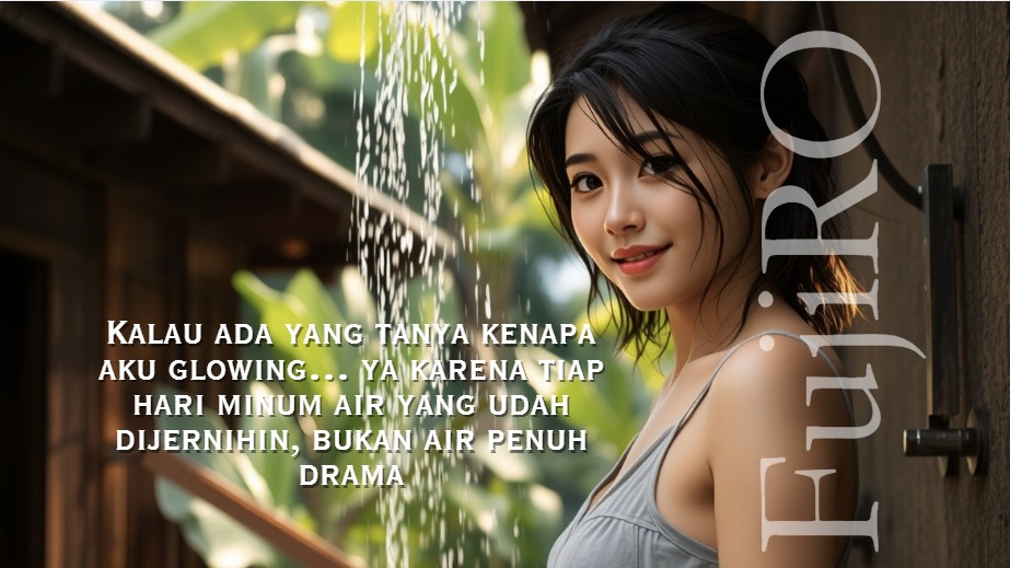 Wanita muda di samping filter air FujiRO sedang tersenyum di depan rumah tradisional, simbol kebersihan dan kesehatan dari air jernih