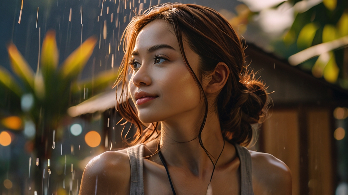 Wanita muda mandi di shower dengan latar rumah kayu dan pepohonan hijau, menggambarkan suasana alami dan penjernihan air