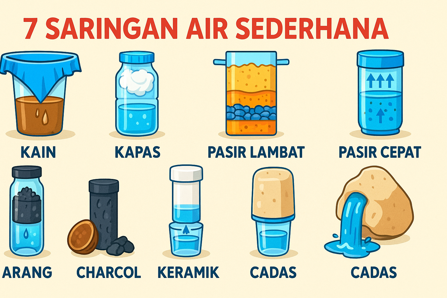 Ilustrasi berwarna 7 saringan air sederhana: kain, kapas, pasir lambat, pasir cepat, arang, keramik, dan cadas, untuk menghasilkan air bersih.