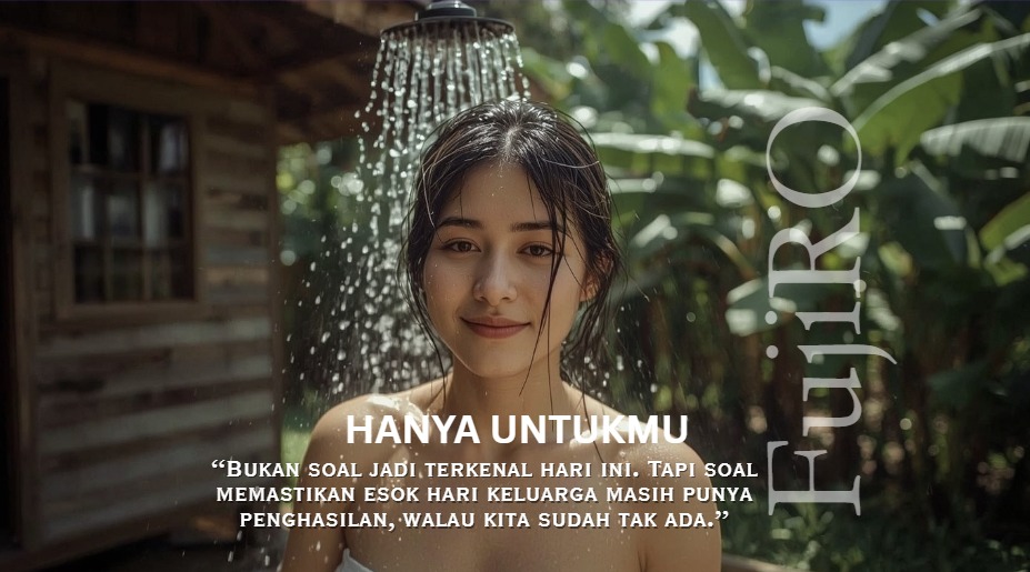 Perempuan tersenyum di depan depot air minum FujiRO sebagai simbol bisnis air bersih yang terus mengalir dan bermanfaat jangka panjang.