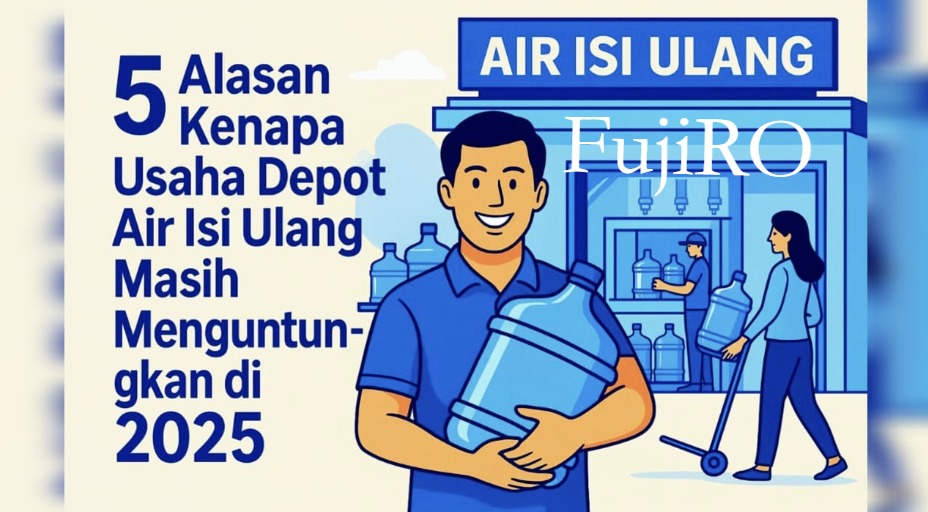 Ilustrasi depot air isi ulang modern 2025, pengusaha tersenyum sambil memegang galon, dengan tulisan 5 alasan kenapa usaha depot air isi ulang masih menguntungkan di 2025.