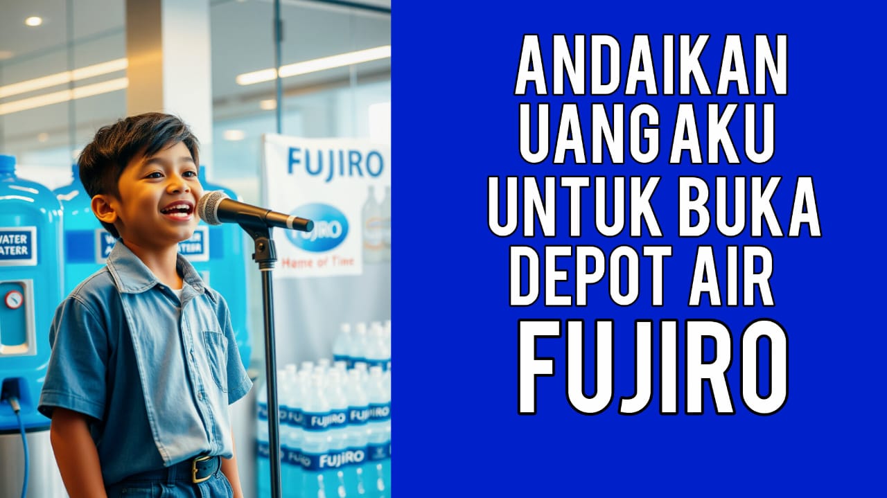 Farel Prayoga menyanyi di depan depot air minum FujiRO dengan latar inspiratif bertuliskan “Andaikan Uangku Untuk Buka Depot Air FujiRO”