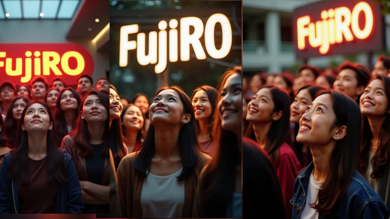 Sekelompok anak muda Indonesia memandang logo FujiRO dengan tatapan penuh harapan dan optimisme, siap menjadi entrepreneur muda sukses.