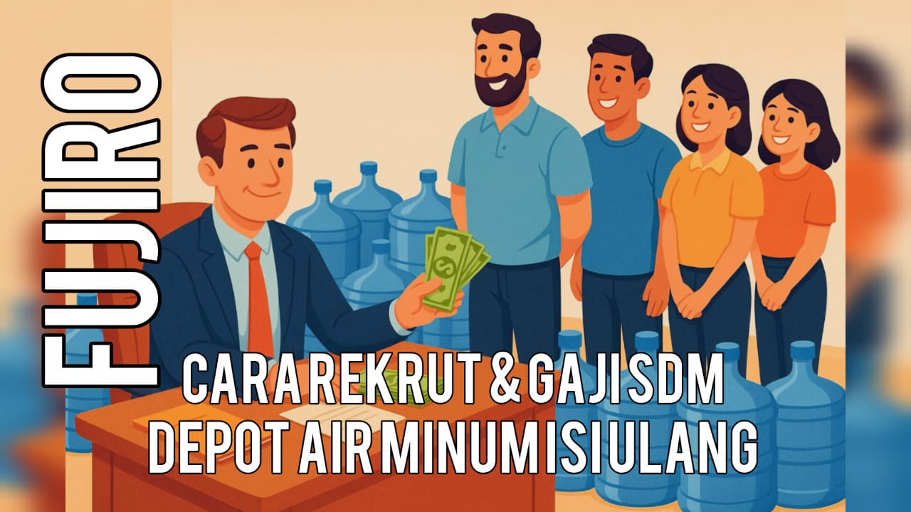 Bos sedang menggaji karyawan depot isi ulang galon dengan suasana bahagia. Karyawan antri, banyak galon di lantai, ilustrasi semi kartun.