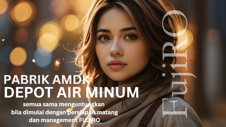 Wanita muda berdiri di depan latar tulisan "Pabrik AMDK atau Depot Air Minum", menggambarkan pilihan antara dua jenis usaha air.