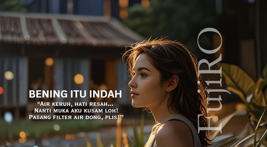 Wanita muda dengan latar kota malam dan teks lucu promosi filter air FujiRO untuk atasi air sumur keruh dan tak bersih.