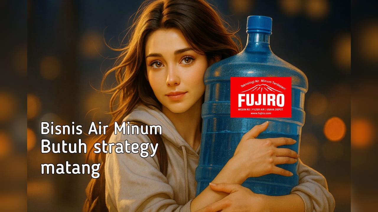 Wanita muda tersenyum sambil memeluk galon air di malam hari – simbol usaha depot air FujiRO