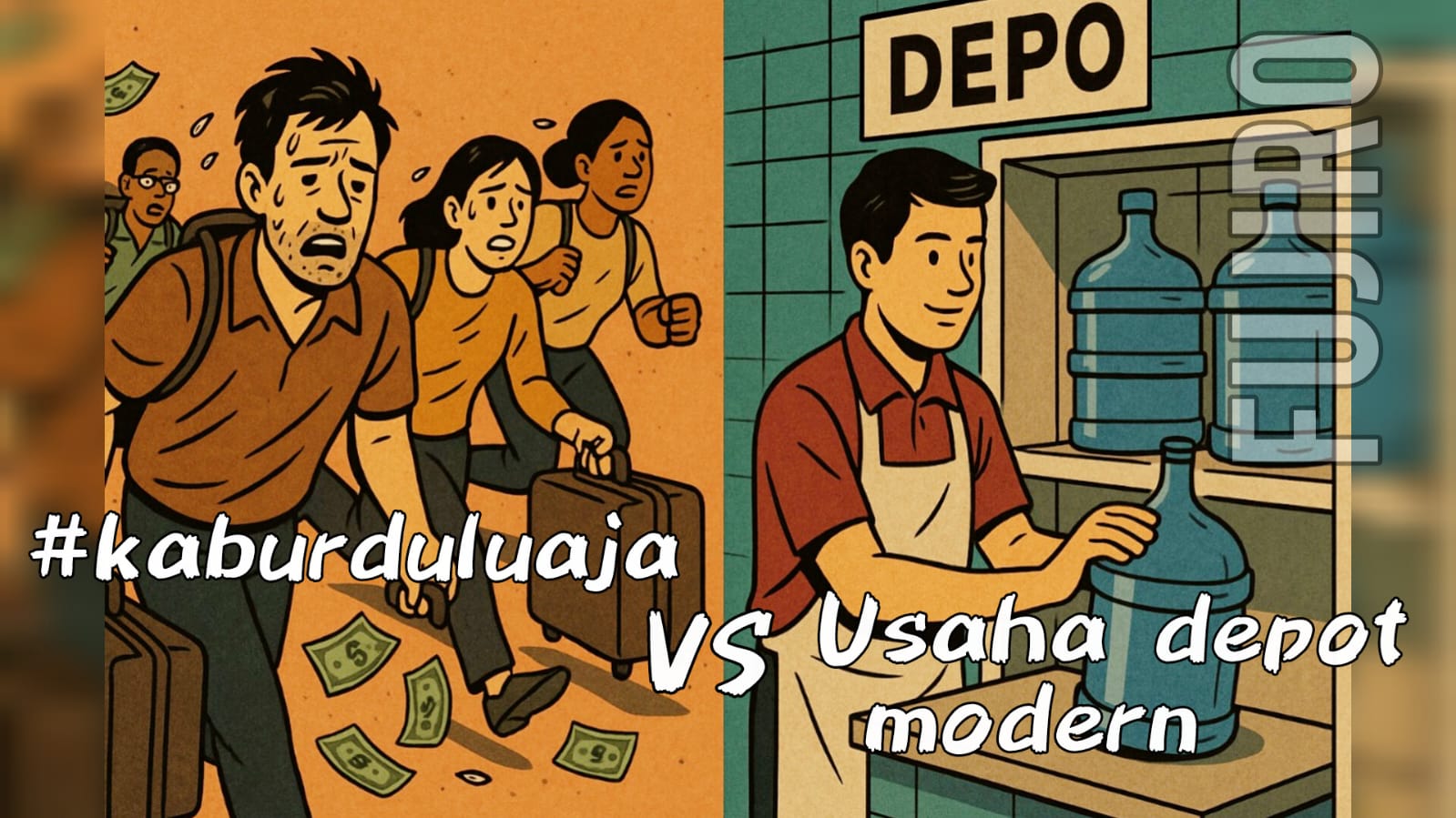 Ilustrasi perbandingan kerja ke luar negeri yang melelahkan dengan usaha depot air minum yang stabil dan modern