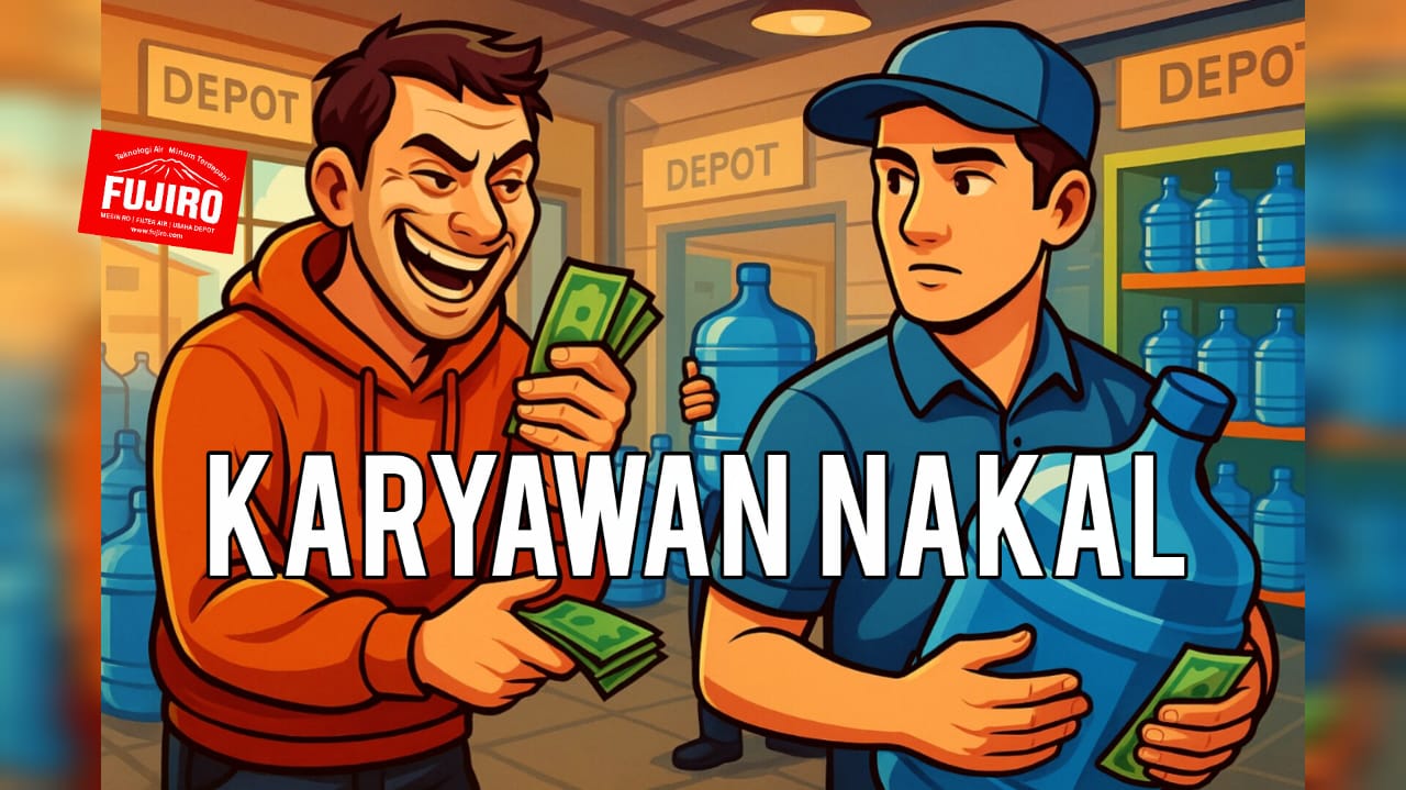 Karyawan depot air minum sedang memegang uang, salah satunya tampak seperti pencuri yang tertawa licik, satunya lagi jujur sambil mengangkat galon. Ilustrasi semi realistik dan penuh warna.