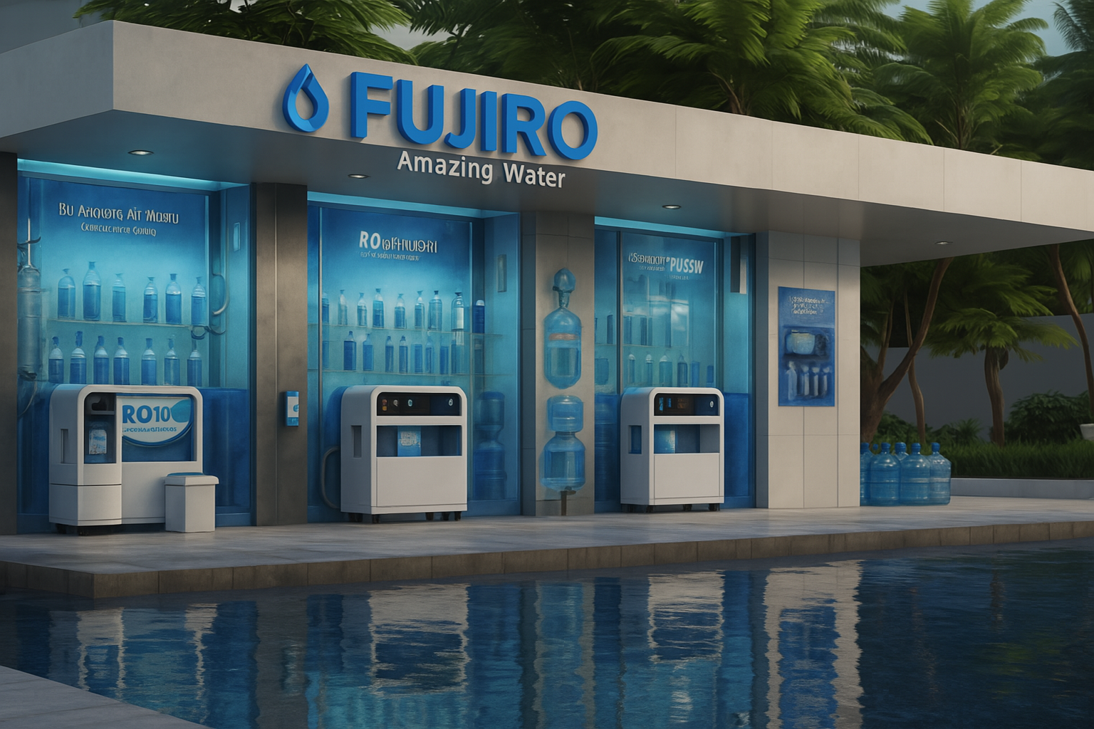 Tampak depan depot air minum FujiRO yang elegan dan bersih, cocok untuk usaha isi ulang RO modern.