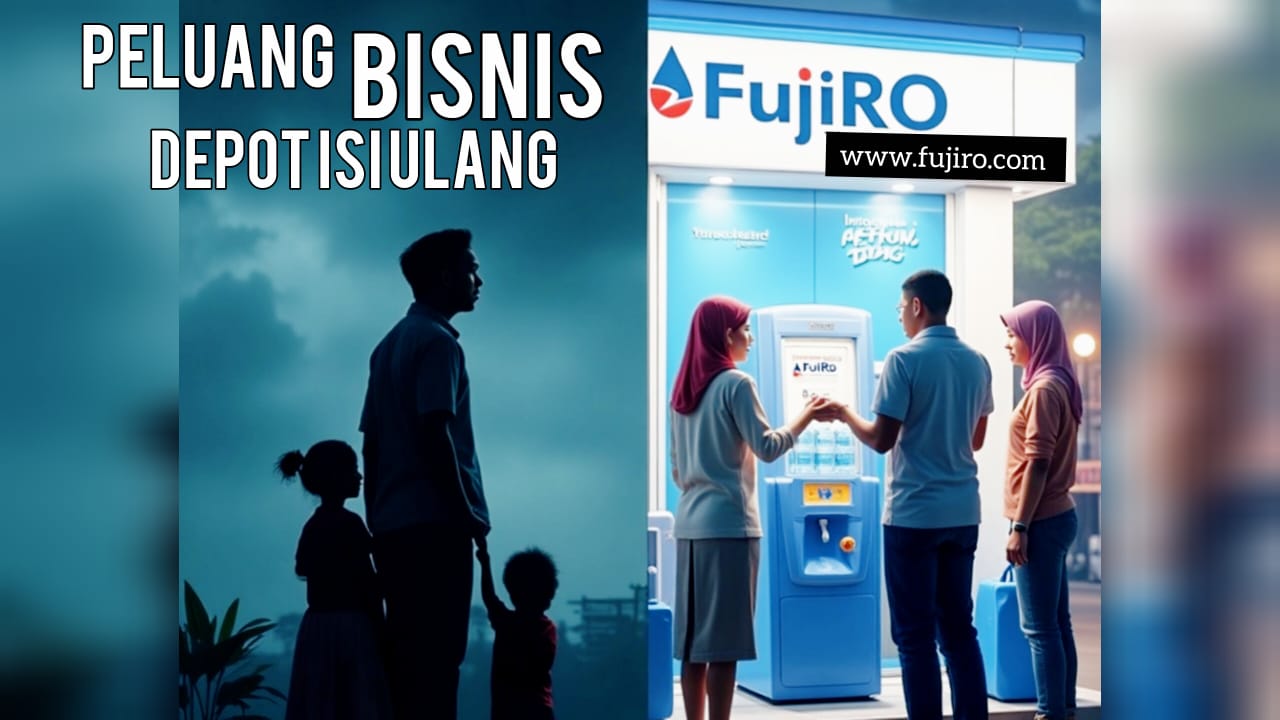 "Ilustrasi kontras situasi krisis #IndonesiaGelap dengan solusi usaha depot air isi ulang FujiRO, memberikan peluang ekonomi mandiri di masa sulit."
