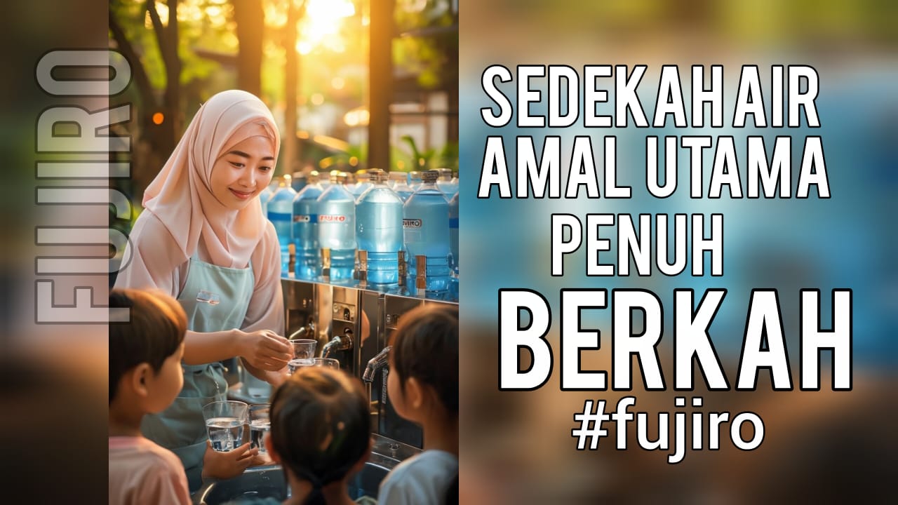 Muslimah Indonesia menyedekahkan air minum kepada anak-anak dengan latar belakang depot air FujiRO, penuh berkah dan suasana damai.