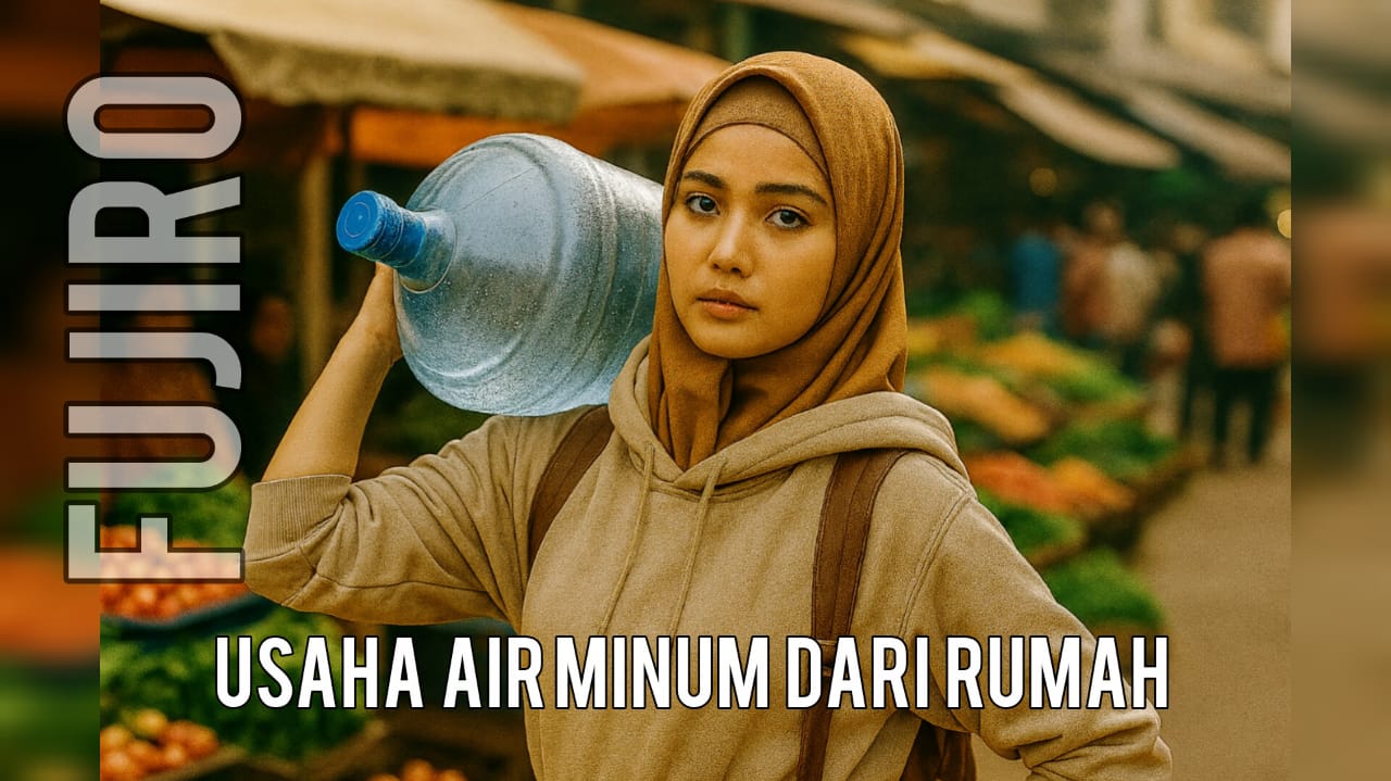 Seorang ibu rumah tangga sedang mengisi air galon, usaha air minum dari rumah dengan mesin FujiRO