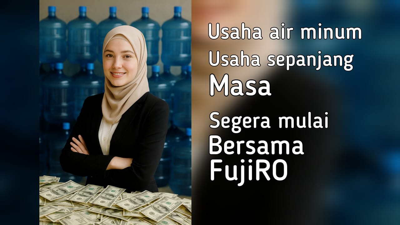 Wanita muslimah cantik di depan galon dan uang dollar, simbol kesuksesan usaha air minum bersama FujiRO