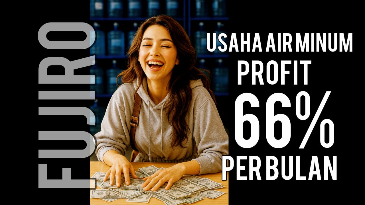 Wanita duduk di depan tumpukan uang dengan tulisan keuntungan usaha air minum 66 persen per bulan