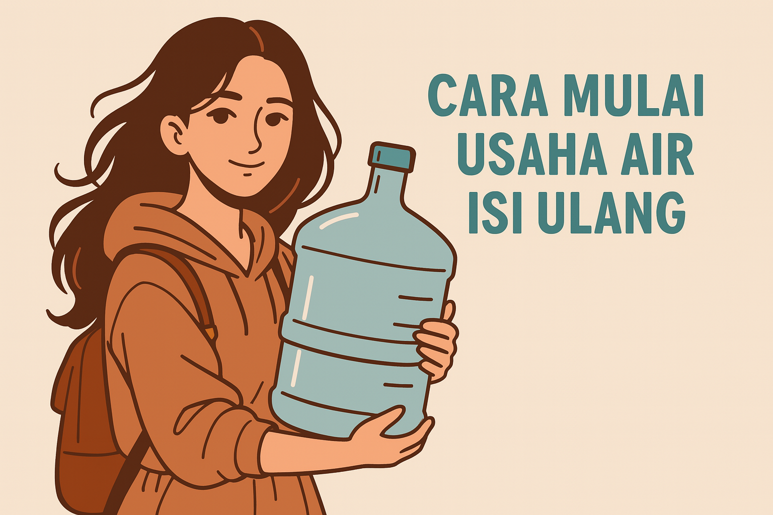 Ilustrasi janda tangguh memulai usaha air isi ulang dengan penuh semangat
