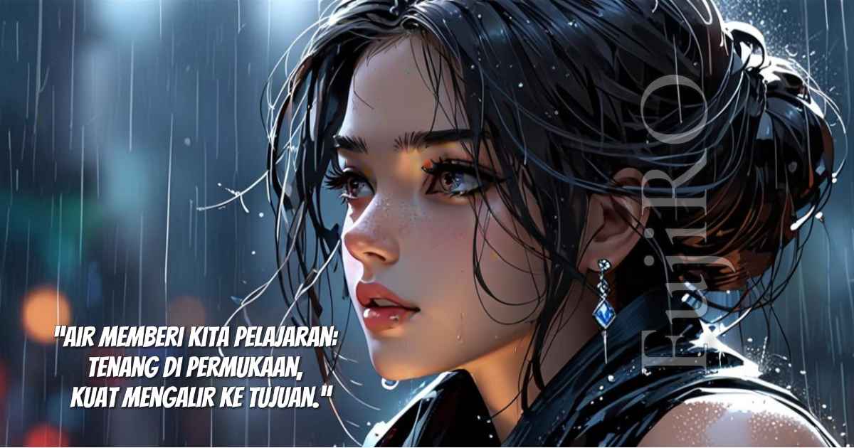 Ilustrasi wanita cantik bermain hujan deras dengan nuansa sinematik, disertai kutipan bijak tentang air sebagai visual artikel air isi ulang dan manfaat air hujan
