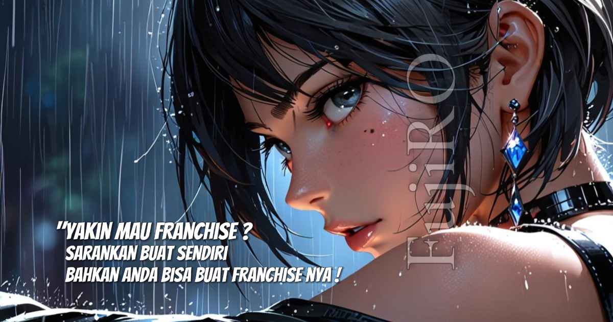 Wanita cantik bermain hujan deras dengan nuansa sinematik, ilustrasi artikel tentang franchise depot air minum modern dan air isi ulang