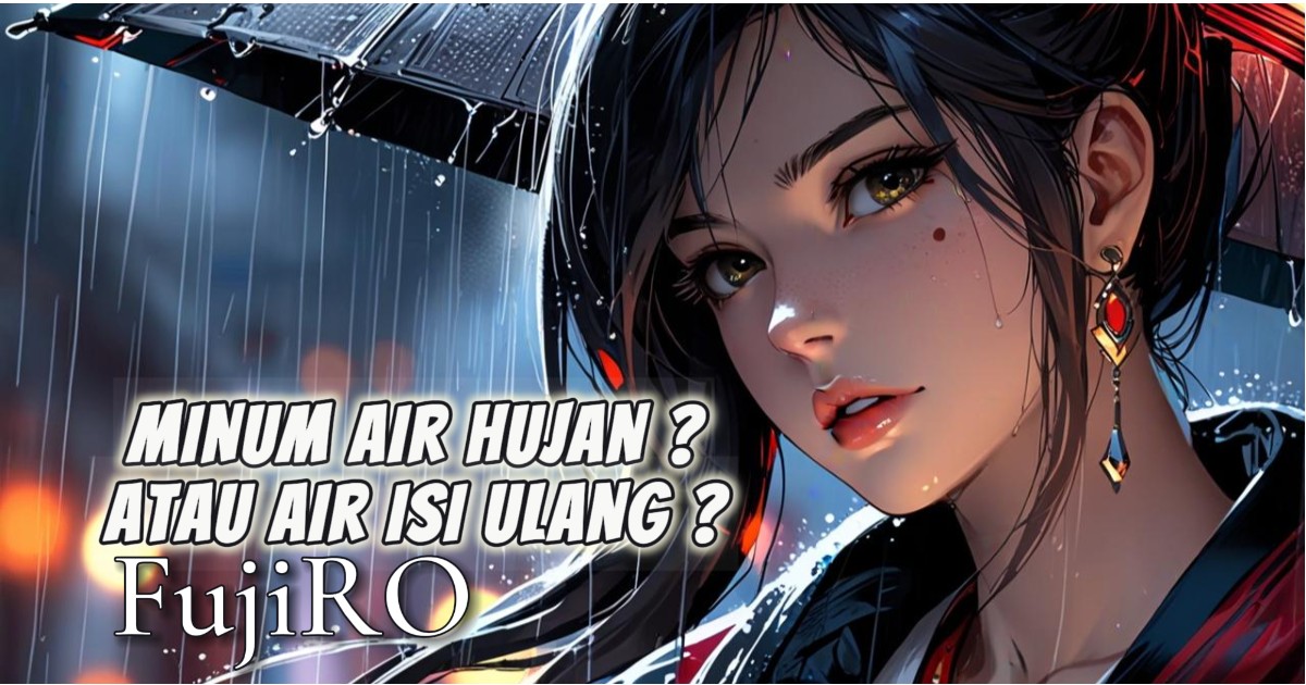 Ilustrasi wanita cantik bermain hujan dengan nuansa sinematik sebagai visual artikel apakah air hujan bisa diminum dan perbandingan dengan air isi ulang