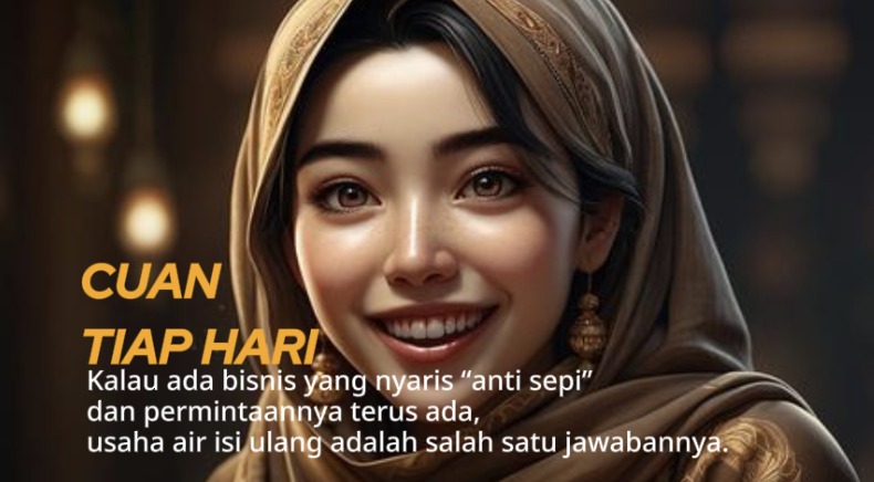 Wanita cantik berhijab tersenyum mempromosikan usaha air isi ulang yang menghasilkan cuan tiap hari.