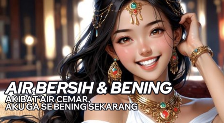 Wanita tersenyum berlatar desain elegan, mewakili solusi mesin RO modern dalam menghadapi akibat air cemar dan kebutuhan air bersih berkualitas.