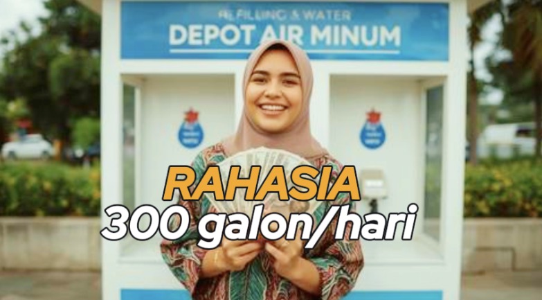 Wanita muda tertawa bahagia di depan depot air minum setelah sukses mencapai omzet 300 galon per hari
