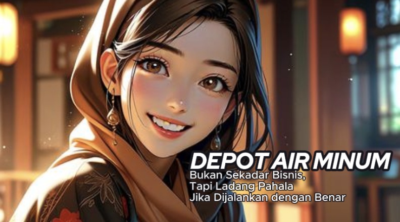 Wanita cantik berhijab tersenyum mempromosikan depot air minum murah berkualitas.