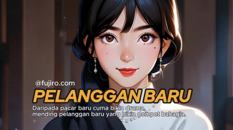 "Ilustrasi promosi franchise depot air minum FujiRO dengan slogan pedas tentang pentingnya pelanggan baru"