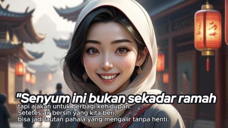 Wanita berhijab tersenyum ramah mempromosikan mesin RO air isi ulang berkualitas.