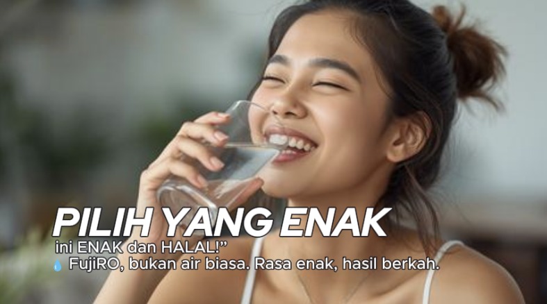 "Wanita muda minum air RO dari mesin FujiRO, menikmati rasa segar air yang enak dan berkualitas."