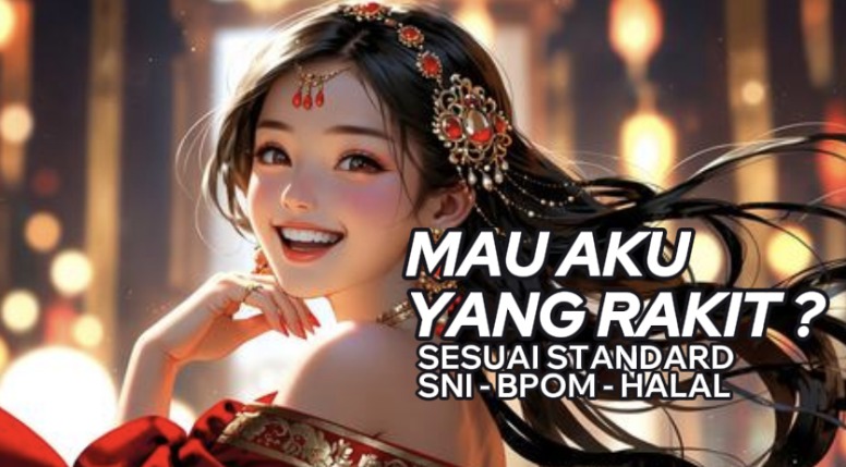 Wanita cantik tersenyum dengan teks promosi “Mau Aku Yang Rakit?”, melambangkan jasa rakit mesin RO harga terjangkau untuk kebutuhan air bersih.